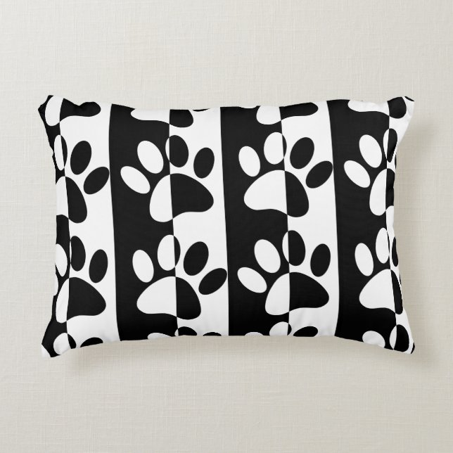 Black And White Dog Paws And Stripes Accent Pillow (Front)