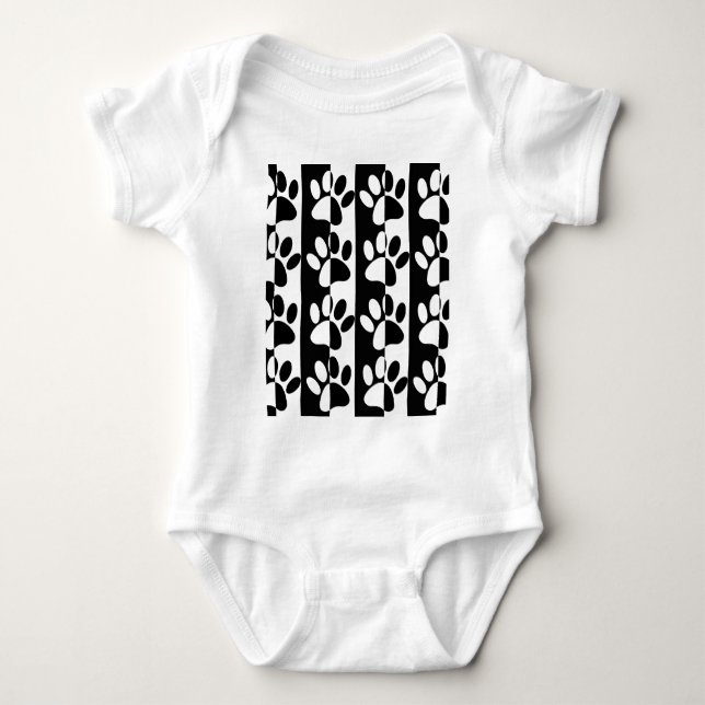 Black And White Dog Paws And Stripes Baby Bodysuit (Front)