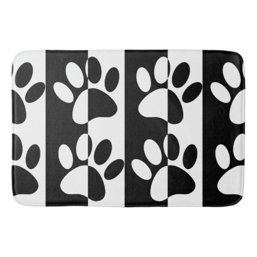 Black And White Dog Paws And Stripes Bath Mat