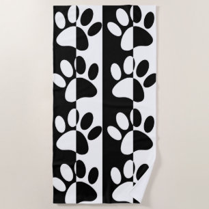 Black And White Dog Paws And Stripes Beach Towel