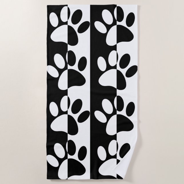 Black And White Dog Paws And Stripes Beach Towel (Front)