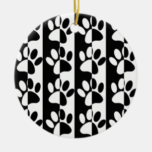 Black And White Dog Paws And Stripes Ceramic Ornament