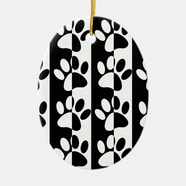 Black And White Dog Paws And Stripes Ceramic Ornament (Front)