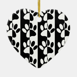 Black And White Dog Paws And Stripes Ceramic Ornament