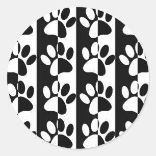 Black And White Dog Paws And Stripes Classic Round Sticker