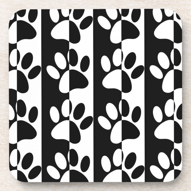Black And White Dog Paws And Stripes Drink Coaster (Front)