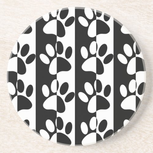Black And White Dog Paws And Stripes Drink Coaster