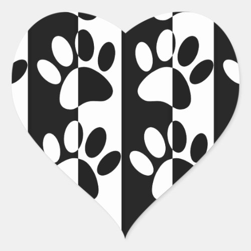 Black And White Dog Paws And Stripes Heart Sticker