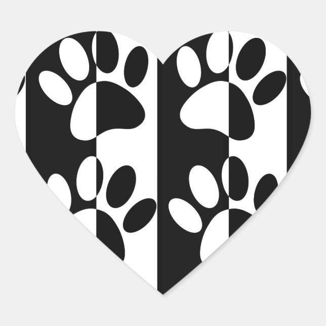 Black And White Dog Paws And Stripes Heart Sticker (Front)