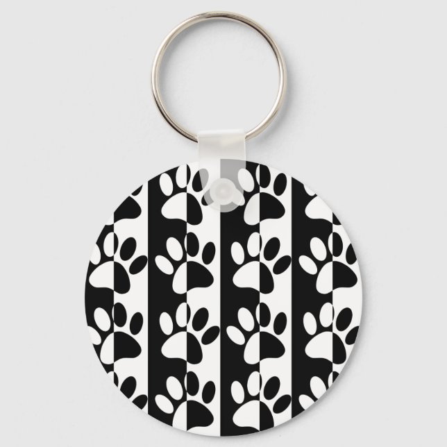 Black And White Dog Paws And Stripes Keychain (Front)