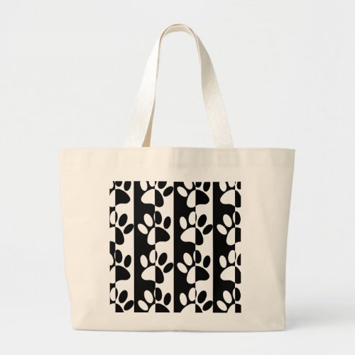 Black And White Dog Paws And Stripes Large Tote Bag