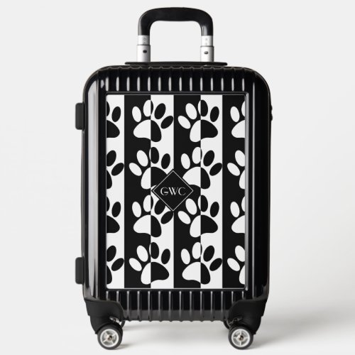 Black And White Dog Paws And Stripes Monogram Luggage