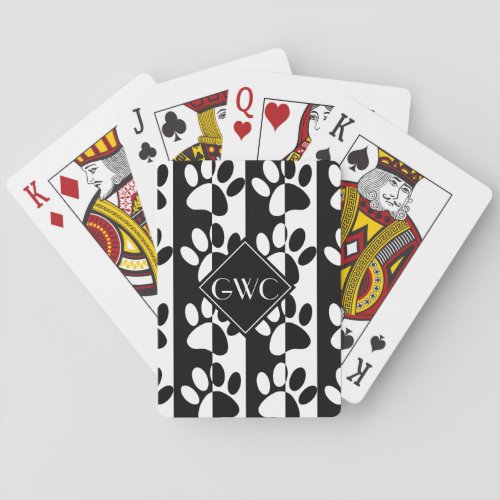 Black And White Dog Paws And Stripes Monogram Poker Cards