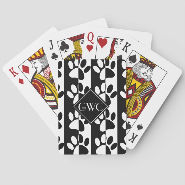 Black And White Dog Paws And Stripes Monogram Poker Cards (Back)