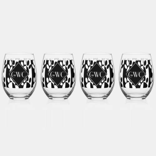 Black And White Dog Paws And Stripes Monogram Stemless Wine Glass