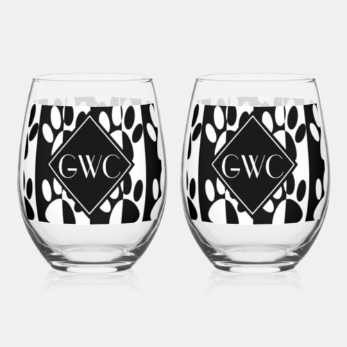 Black And White Dog Paws And Stripes Monogram Stemless Wine Glass