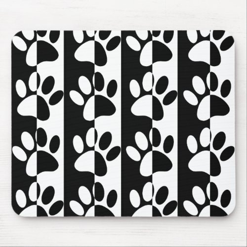 Black And White Dog Paws And Stripes Mouse Pad