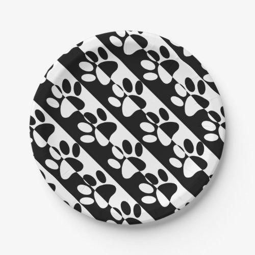 Black And White Dog Paws And Stripes Paper Plates
