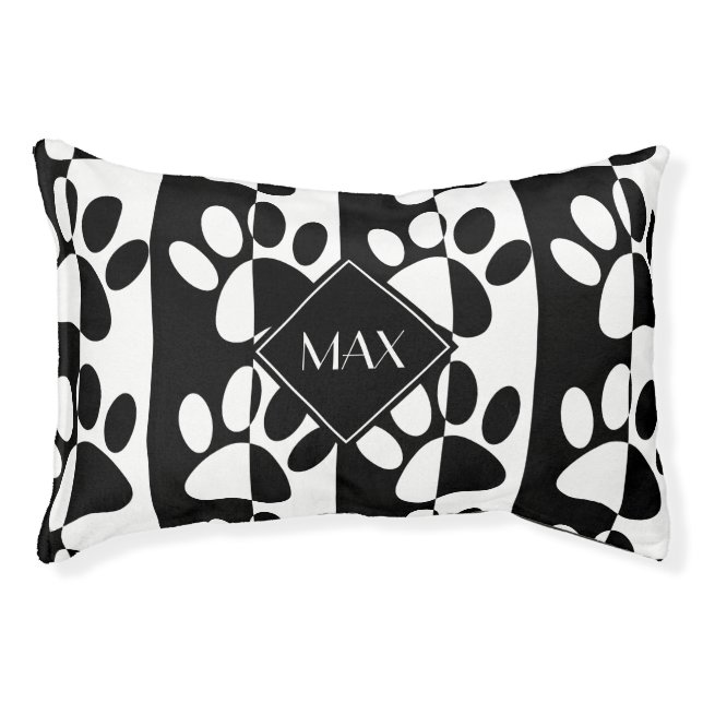 Black And White Dog Paws And Stripes Pet Bed (Front)
