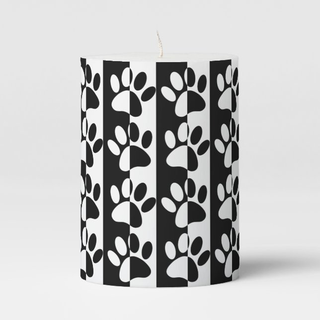 Black And White Dog Paws And Stripes Pillar Candle (Front)