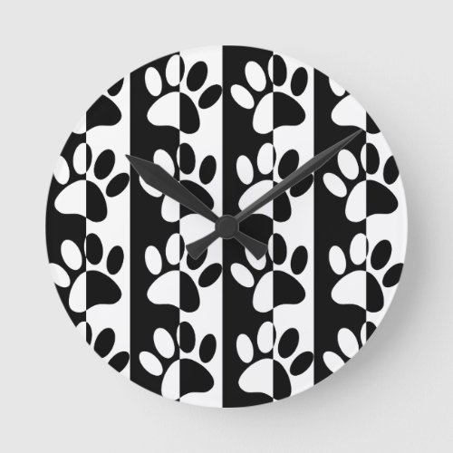 Black And White Dog Paws And Stripes Round Clock