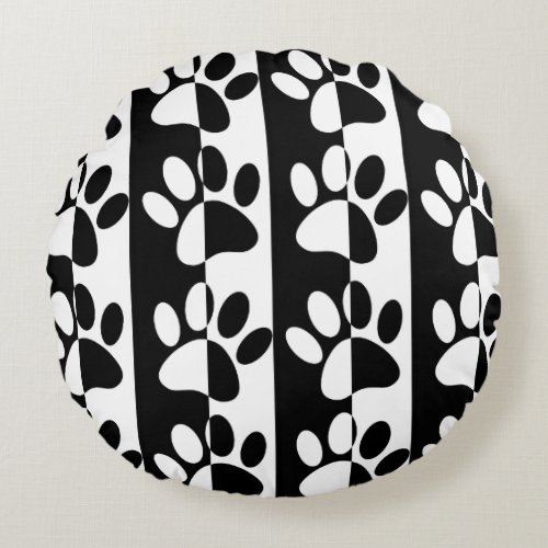 Black And White Dog Paws And Stripes Round Pillow