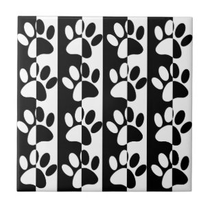 Black And White Dog Paws And Stripes Seamless Ceramic Tile