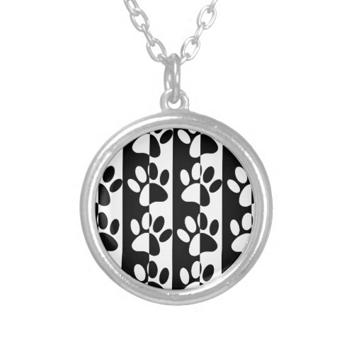 Black And White Dog Paws And Stripes Silver Plated Necklace