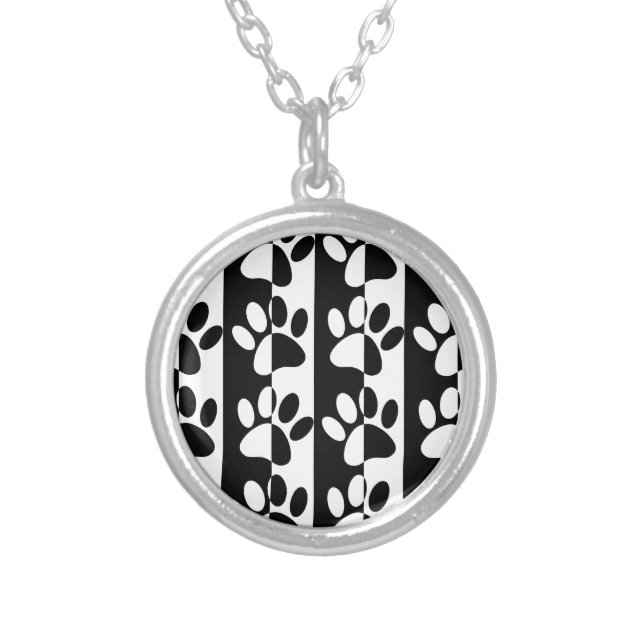 Black And White Dog Paws And Stripes Silver Plated Necklace (Front)