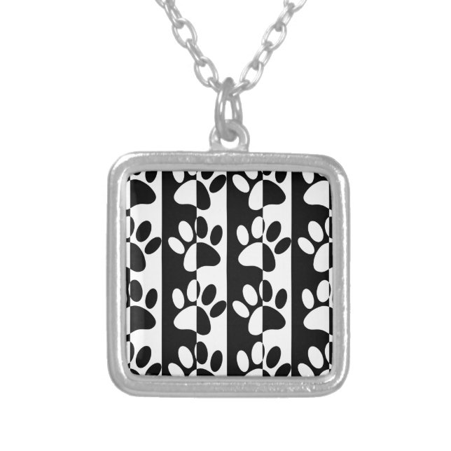 Black And White Dog Paws And Stripes Silver Plated Necklace (Front)