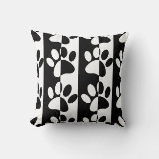 Black And White Dog Paws And Stripes Throw Pillow