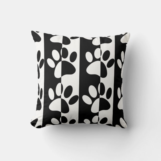Black And White Dog Paws And Stripes Throw Pillow (Front)
