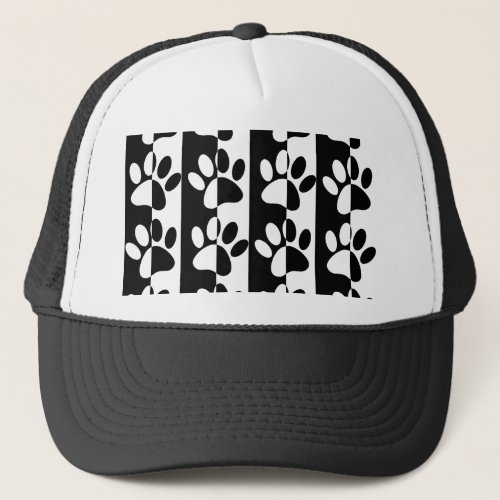 Black And White Dog Paws And Stripes Trucker Hat