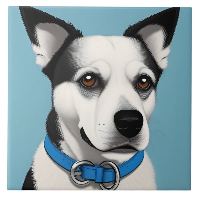 Black and White Dog with Blue Collar Ceramic Tile (Front)