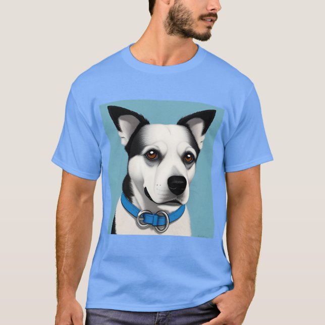 Black and White Dog with Blue Collar T-Shirt (Front)