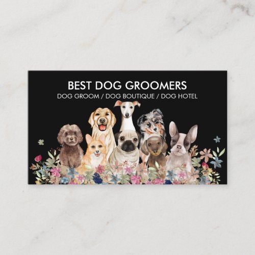 Black and White Dogs Flowers Business Card