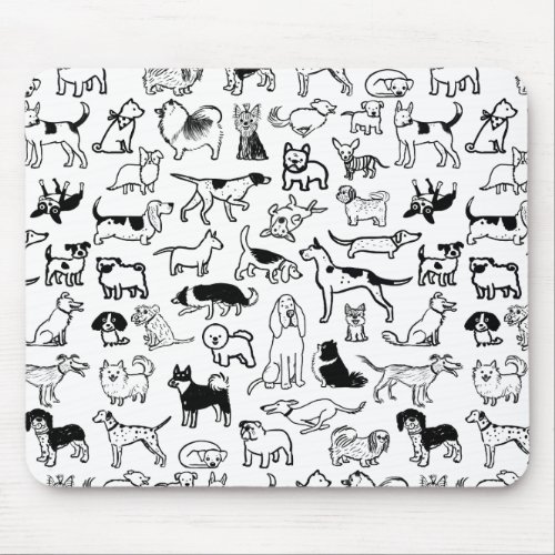 Black and White Dogs Pattern  Cool Canine Lovers Mouse Pad