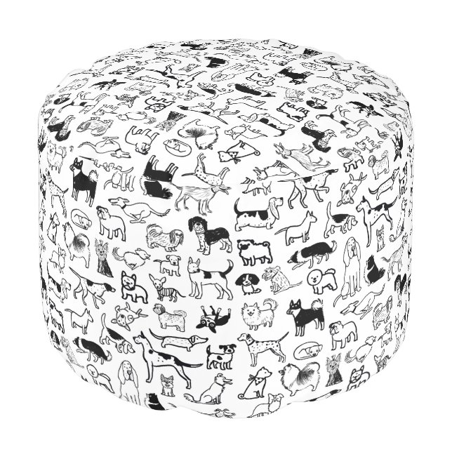 Black and White Dogs Pattern | Cool Canine Lover's Pouf (Angled Front)