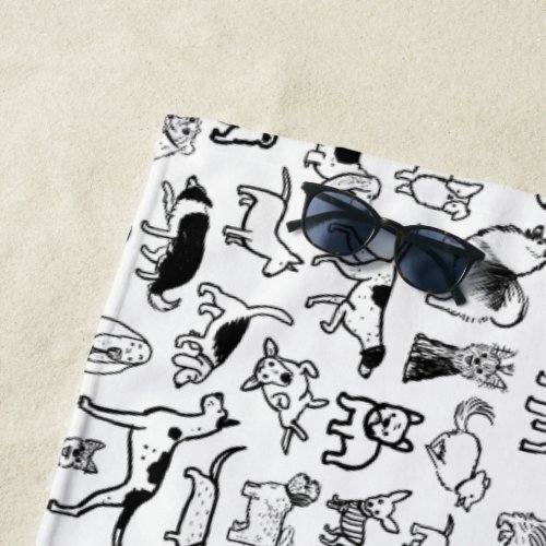 Black and White Dogs Pattern  Cute Canine Lovers Beach Towel