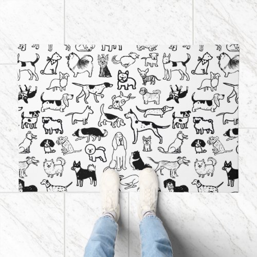 Black and White Dogs Pattern  Cute Canine Lovers Doormat