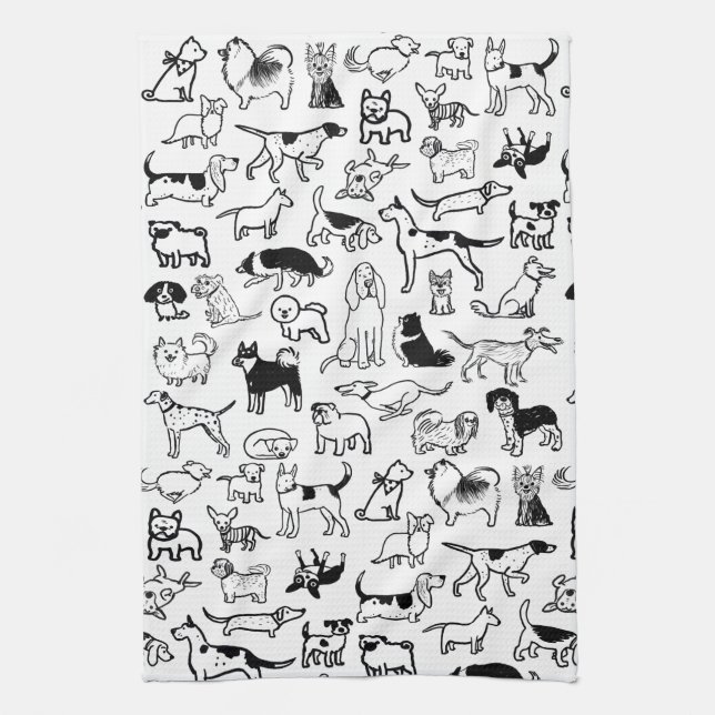 Black and White Dogs Pattern | Cute Canine Lover's Kitchen Towel (Vertical)