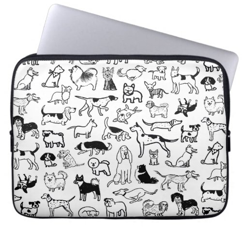 Black and White Dogs Pattern  Cute Canine Lovers Laptop Sleeve