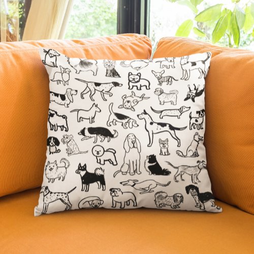 Black and White Dogs Pattern  Cute Canine Lovers Throw Pillow