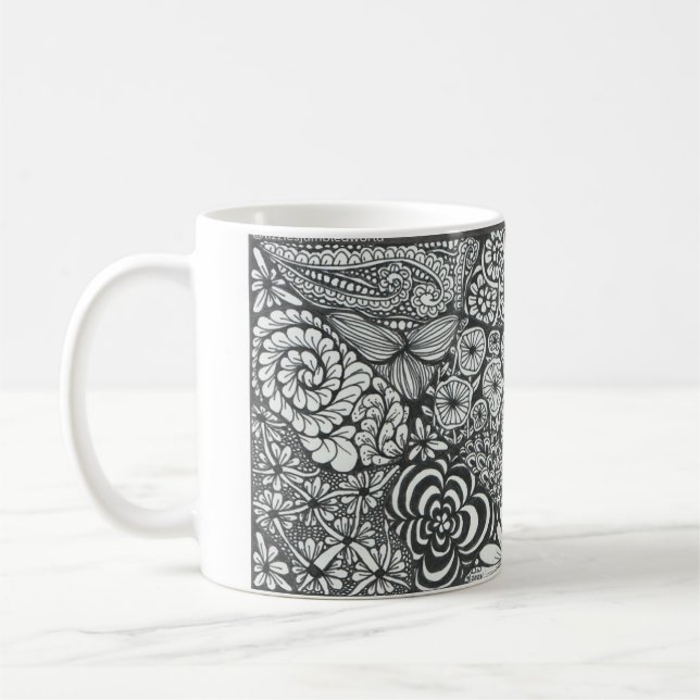 Black and white doodle art mug. coffee mug (Left)