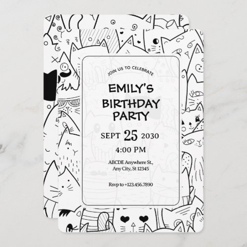 Black and white doodle cats invitation