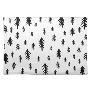 Black and White  Doodle Christmas Trees Cloth Placemat