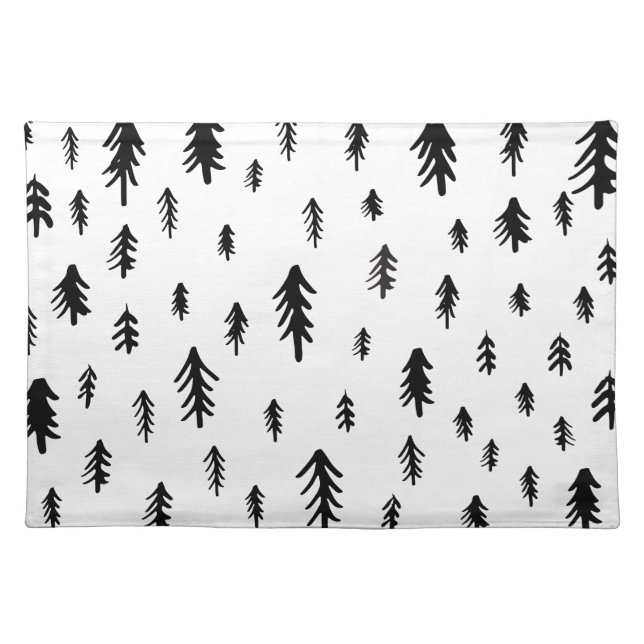 Black and White  Doodle Christmas Trees Cloth Placemat (Front)
