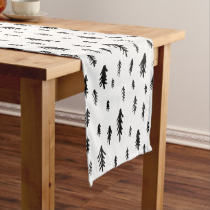 Black and White Doodle Christmas Trees Short Table Runner