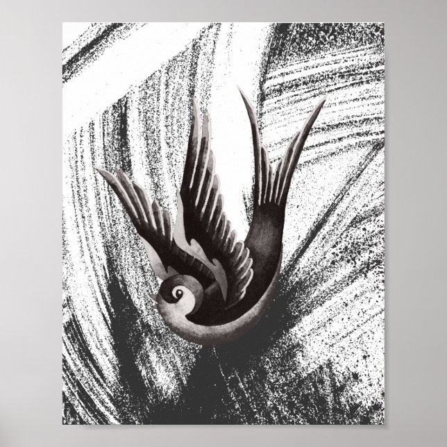 Black and white, doodle drawing of a bird poster (Front)