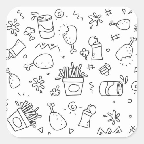 Black and White Doodle Fast Food Pattern Square Sticker